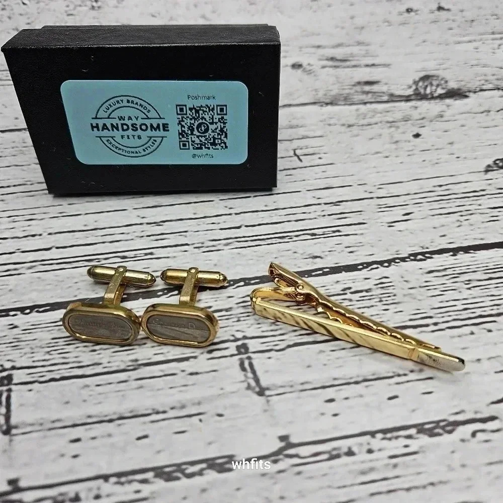 Christian Dior Gold and Silver Tone Cufflinks and Tie Bar set